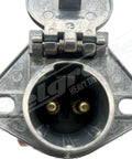 Liftgate Dual Pole Socket 15 326 Built Tough Durable Zinc Die Cast Housing with Brass Pins And Stainless Hinge Pin For Long Life 150 Amp Continuous Capacity 200 Amp Intermittent One Quarter Inch Stud Mount Holes, front view