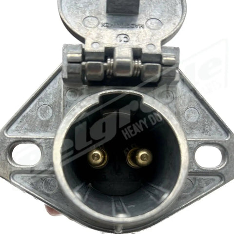 Liftgate Dual Pole Socket 15 326 Built Tough Durable Zinc Die Cast Housing with Brass Pins And Stainless Hinge Pin For Long Life 150 Amp Continuous Capacity 200 Amp Intermittent One Quarter Inch Stud Mount Holes, front view