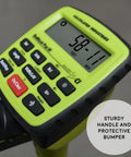 Close-up of DigiRoller Plus III 12.5 Inch Electronic Distance Measuring Wheel with large backlit display, sturdy handle visible.
