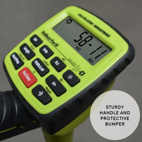 Close-up of DigiRoller Plus III 12.5 Inch Electronic Distance Measuring Wheel with large backlit display, sturdy handle visible.