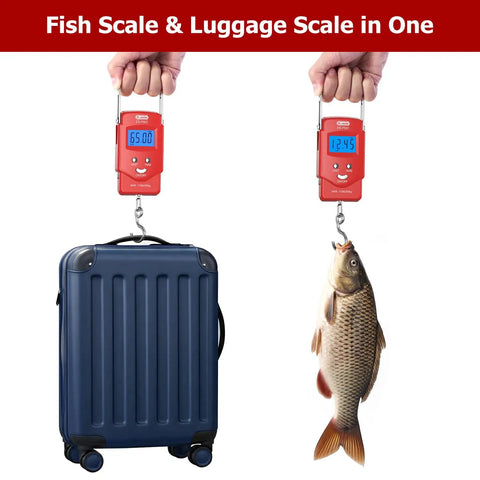 Digital Luggage Scale 110 Lb With Tape And Stainless Steel Hook Ultra Accurate For Travel And Fishing A Super Handy Weighing Tool For Baggage Or Gear Everyday Carry. Red digital scale holding a suitcase and fish.