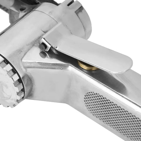 Close-up of Heavy Duty Pneumatic Air Belt Sander With Slick 360 Degree Rotating Handle, showing steel handle and gold detail.