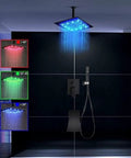 Top Shelf Matte Black LED Shower System Featuring Wide Rainfall Head And Ergonomic Hand Sprayer, 3 Way Mixer Wall Mount Tub Spout displaying blue LED lights above.