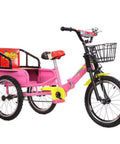 Pink Folding Three Wheel Tricycle with rear passenger seat and backrest, tandem rickshaw style pedals, foldable steel frame