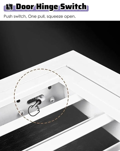 Door Hinge Switch mechanism with push switch, shown arrow pointing to activation area for easy operation.
