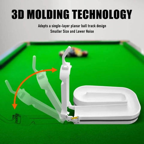 3D-printed pool rack, white, for billiards training, showing folding mechanism on green table background, pro-grade practice tool