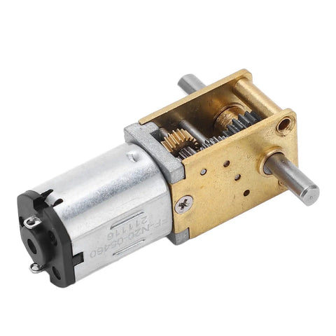 Close-up of 6V Micro Geared Motor with 100 RPM Gear Reduction, showing brass and zinc alloy gear system, ideal for small machines and robotics.