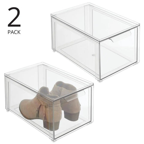 Stackable Closet Organizer Bin With Pull Out Drawer For Shoes Clothes Bags And More In Clear Plastic Lumiere Collection 2 Pack, containing boots