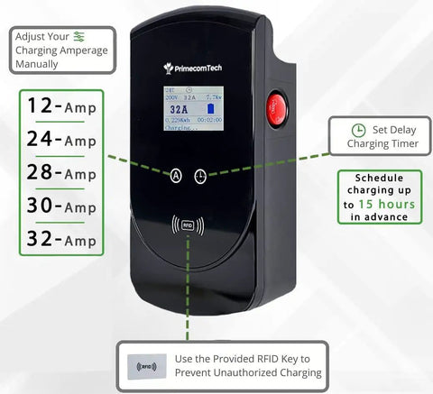 Smart Level 2 EV Charger For Europe And Asia Type 1 J1772 US Ready With 7.5 Meter Cable Plug In Or Hardwire 32 40 Amp 220 240V Real Time Display Screen And Intelligent Chip For Safe Fast Home EV Charging with display screen and controls.