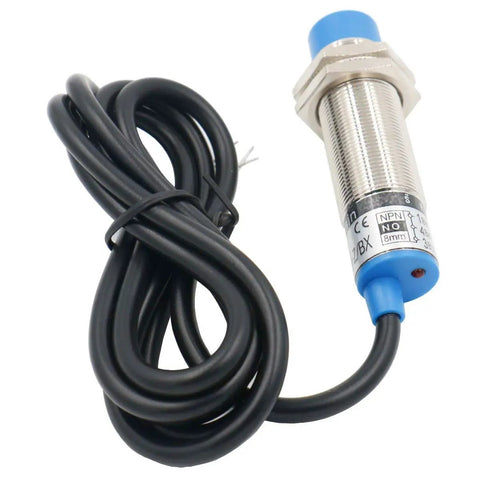 LJ18A3-8-Z/BX 8mm Inductive Proximity Sensor NPN NO DC 10-30V with coiled black cable, stainless steel body, and blue connector