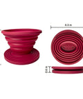 Red Grab-And-Go Collapsible Pour Over Coffee Dripper For Camping, shown in expanded and folded states, lightweight and portable silicone filter.
