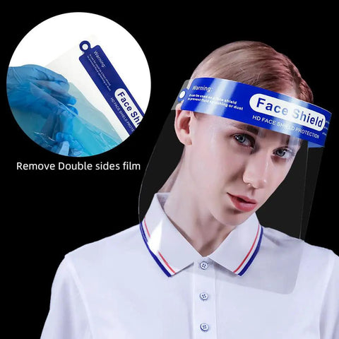 Person wearing Fog Free Clear Face Shield For Glasses Wearers Pack Of 10 Anti Fog Coating Easy On Reusable Shield