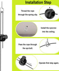 Installation steps for Garage Parking Aid Ball System For Home Garages showing rope and eye screw details.