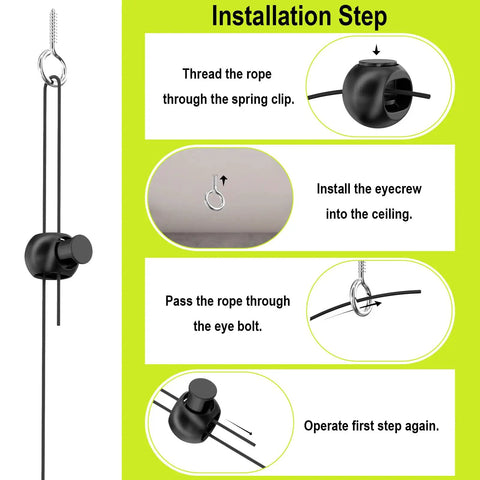 Garage Tennis Ball Parking Aid System With Four Balls Four Cord Locks And Four Screw Hooks Complete Two Sets Parking Solution Adjustable Ceiling Cord Length Easy Install For Precise Car Parking In Home Garage, installation steps