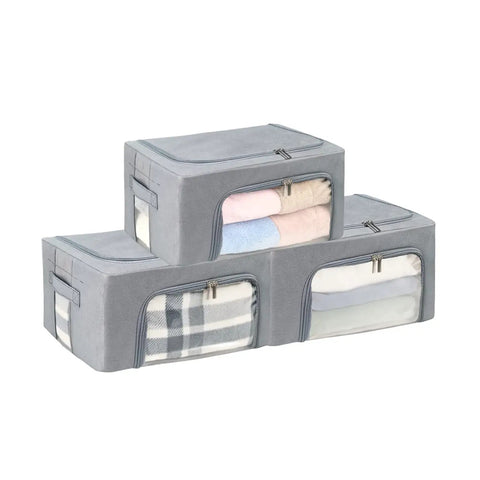 Three Pack Grab And Go Clothes Storage Bins Set With Stackable Foldable Organizer Boxes Sturdy Metal Frame Clear Window