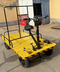 Heavy Duty Electric Platform Truck Cart That Is Portable And Foldable With Smooth Wheels For Moving Groceries, Tools In Garage Or Warehouse Without Breaking Your Back, featuring a yellow steel platform and removable seat.
