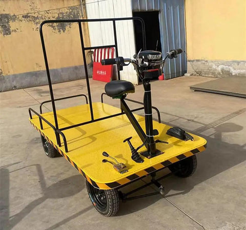 Heavy Duty Electric Platform Truck Cart That Is Portable And Foldable With Smooth Wheels For Moving Groceries, Tools In Garage Or Warehouse Without Breaking Your Back, featuring a yellow steel platform and removable seat.