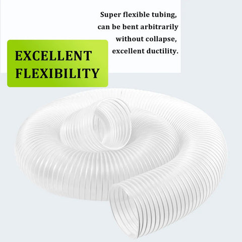 Clear 4 Inch Dust Collection Hose, Flexible 16 Foot PVC Debris Vacuum Tube For Woodworking Dust Systems, coiled with text