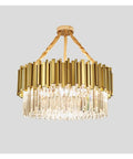 Slick Gold Metal LED Pendant Chandelier With Genuine K9 Crystal Drops, Eight Ceiling Lamp, No Hassle Install with polished gold and crystals.