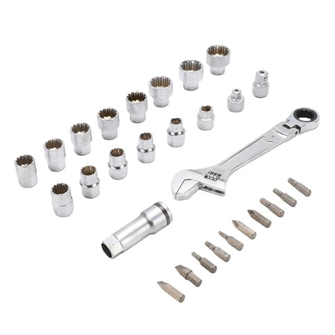 Pass Through Socket Set With Three Eighths And One Half Inch Drive Sockets Seventy Two Tooth Reversible Ratchet Hex Square And Spline Bits