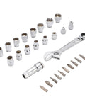 Pass Through Socket Set With Three Eighths And One Half Inch Drive Sockets 72 Tooth Reversible Ratchet Tool Kit on white background