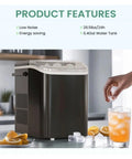 Portable Ice Maker Makes 26.5 Pounds Of Fresh Bullet Ice Daily With Zero Effort Self Cleaning Mode Compact Footprint shown with ice cubes.