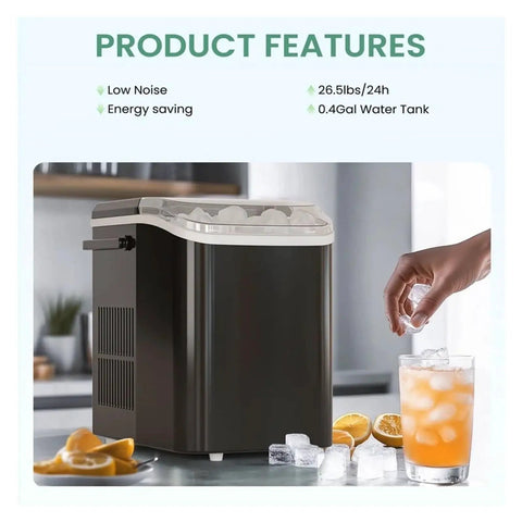 Portable Ice Maker Makes 26.5 Pounds Of Fresh Bullet Ice Daily With Zero Effort Self Cleaning Mode Compact Footprint shown with ice cubes.