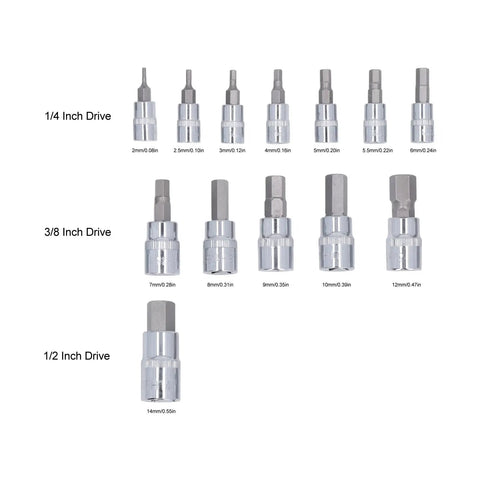 Complete Hex Bit Socket Set With 13 Essential Pieces Covering 2mm To 14mm With Versatile 1/4 3/8 And 1/2 Inch Drive showing various hex bits.