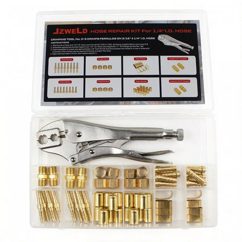 JZWELD hose repair kit with brass fittings and crimping tool in a plastic case, 1/4 in ID hose