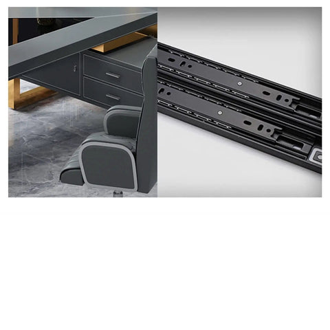 Solid As A Rock L Shaped Desk With Blue And Gold Finishes Heavy Duty Executive Computer Table Workhorse For Modern Home Office Setup Featuring Deep Drawer And Level Base close-up of desk drawers and sliding rail system.
