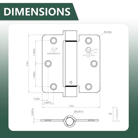Dimensions diagram of Self Closing Door Hinge Set Three And A Half Inch Matte Black Auto Close Spring Hinges for commercial doors.