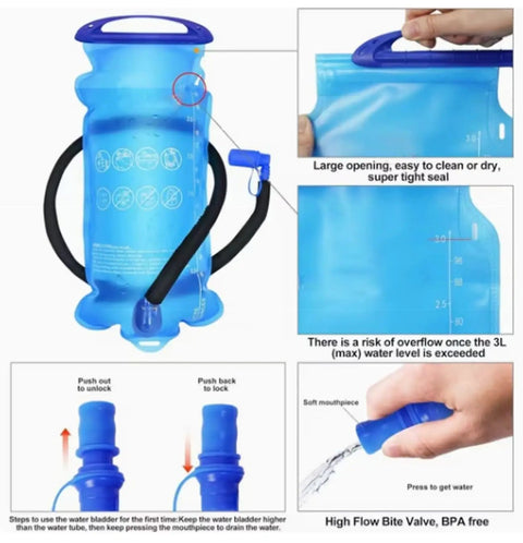 Hydration Backpack 18L With Upgraded 3L Leak-Proof Bladder showing features like large opening, hose, and bite valve