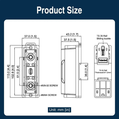 Technical drawing of ANL Fuse Block With 35mm DIN Rail Mount showing dimensions and screw placements.