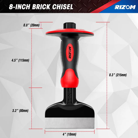 8-inch brick chisel with hand protection, part of Three Piece Masonry Chisel Set With Hand Protection, Heavy Duty Chrome Vanadium Steel Construction