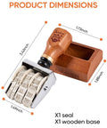 Super Handy Self Inking Roller Date Stamp Prints Day Month Year 2026 To 2037 with wooden handle and measurements shown.