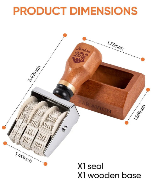Super Handy Self Inking Roller Date Stamp Prints Day Month Year 2026 To 2037 with wooden handle and measurements shown.