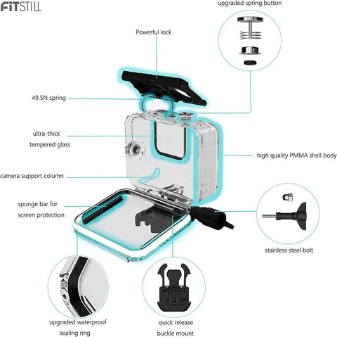 Diagram of Underwater Waterproof Housing For GoPro Hero 5 6 7 And 2018 Black Includes parts with annotations