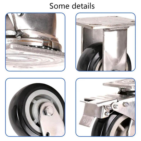 Heavy Duty 304 Stainless Steel Caster Wheels On Flat Plate Cart Rollers Waterproof Rustproof Industrial Casters close-up views of wheel details