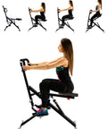 Power Rider Ab Core Squat Glute Workout Machine with person using monitor, showing different exercise positions, twelve level hydraulic resistance