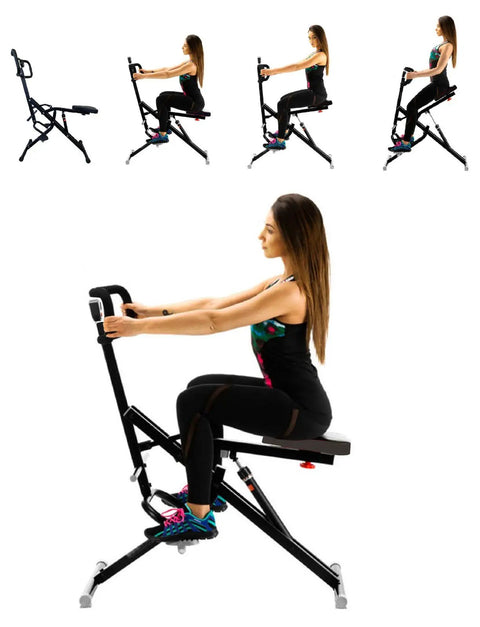 Power Rider Ab Core Squat Glute Workout Machine with person using monitor, showing different exercise positions, twelve level hydraulic resistance