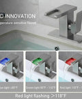 LED Temperature Sensing Bathroom Faucet With Color Changing LED Brushed Nickel Finish Sleek Waterfall Style Single Hole Vanity Faucet With Side Handle Dope Look Includes Metal Pop Up Drain And Two Water Supply Lines