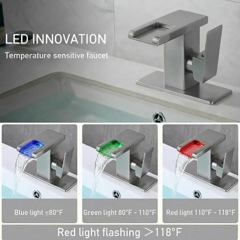 LED Temperature Sensing Bathroom Faucet With Color Changing LED Brushed Nickel Finish Sleek Waterfall Style Single Hole Vanity Faucet With Side Handle Dope Look Includes Metal Pop Up Drain And Two Water Supply Lines
