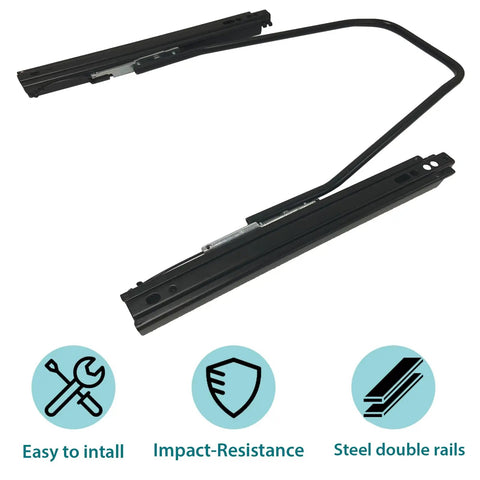 Heavy Duty Steel Seat Slider And Mounting Track Assembly For Universal Aftermarket Racing Simulator Seats With Gliding Front Rear Motion, angled view showing double steel rails.