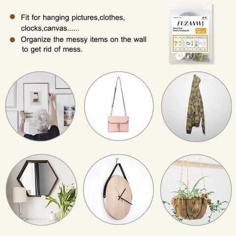 Heavy Duty Picture Hanging Kit For Walls Handles Up To 100 Lbs With Tough As Nails Wire shown with various wall-hanging items.