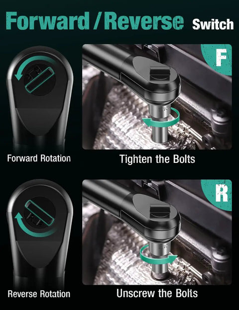 Diagram showing forward/reverse switch on Extended Cordless Electric Ratchet Wrench Kit, 12V, 400 RPM, 40 Ft-Lbs Beast Power.