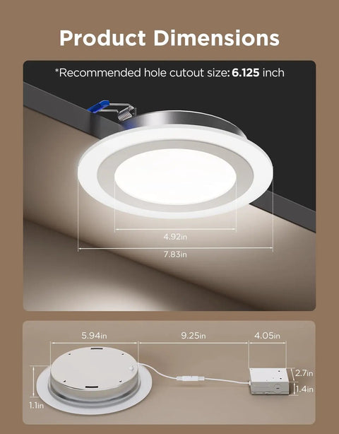 Product dimensions for Game Changing Smart Recessed Lights 6 Inch Led Downlights 1100 Lumens 4 Pack With Rgbic Ambient Backlight.