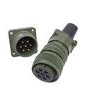 Olive green MIL-C circular connector pair: 7-pin panel-mount socket with flange and mating plug with knurled coupling.