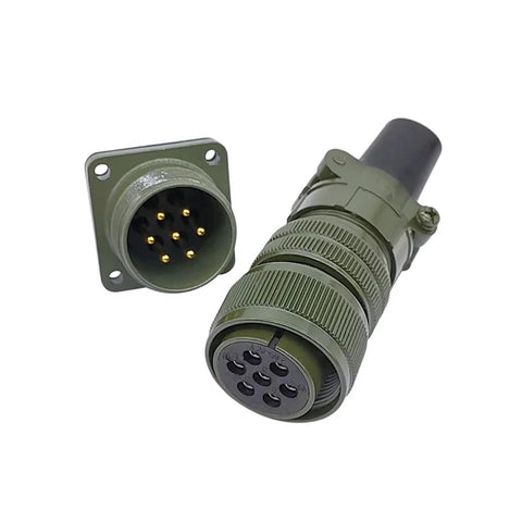 Olive green MIL-C circular connector pair: 7-pin panel-mount socket with flange and mating plug with knurled coupling.