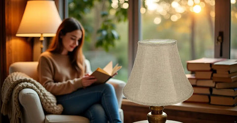 Dope Collapsible Bell Lamp Shade In Wheat Linen With Spider Fitter And Brass Hardware in cozy reading nook