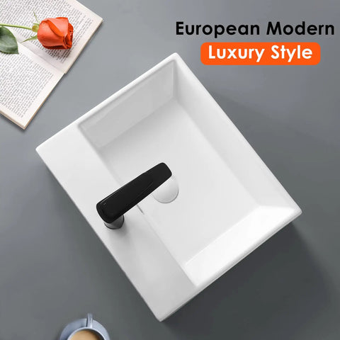 Large White Ceramic Vessel Sink 20x16.5 Inch Wall Mount With Pop Up Drain Kit, modern rectangle design, top view